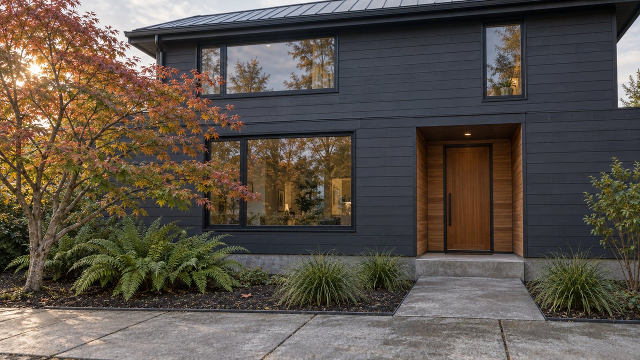 Compact two-story home with dark siding, cedar entry, concrete walk, and a pruned Japanese maple.