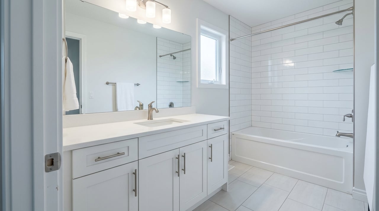 Neutral bathroom with white shaker vanity, quartz countertop, and subway-tile tub and shower.