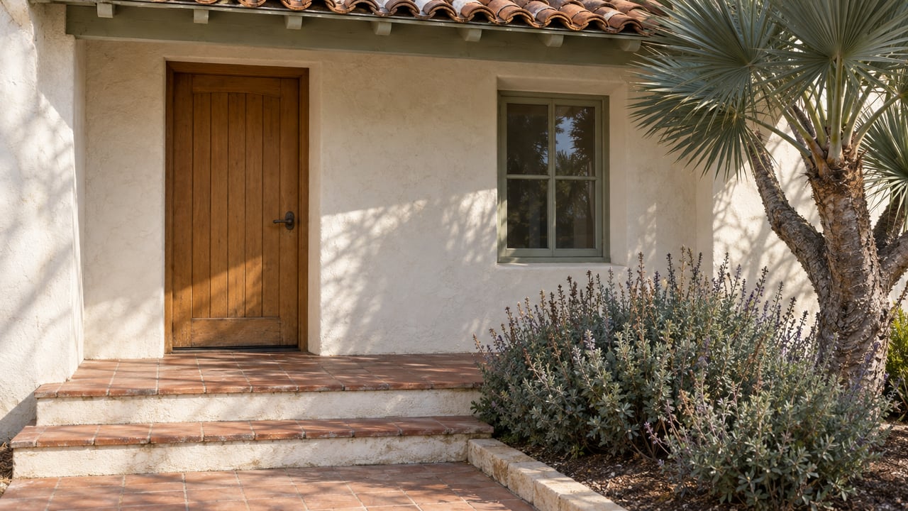 Sunlit stucco cottage entry with a weathered timber door, clay-tile porch, terracotta steps and sculptural succulent planting.