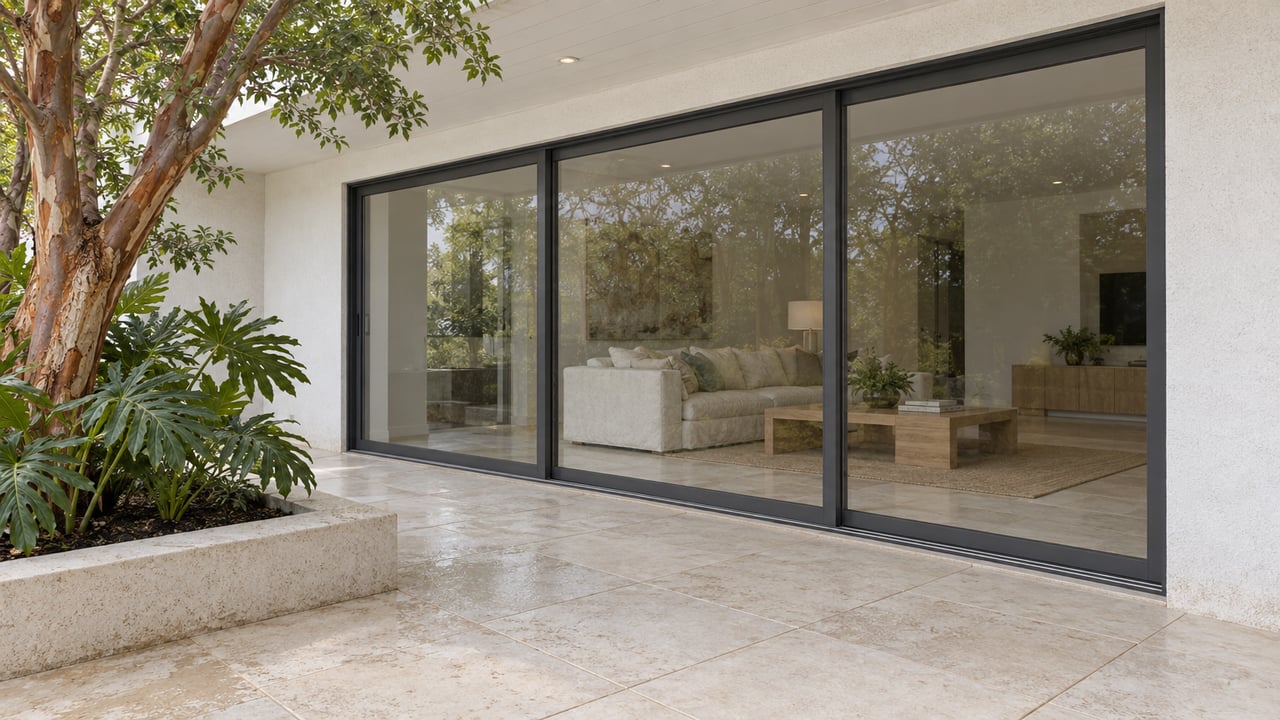 Covered porcelain terrace beside a warm-white home, with closed glass doors revealing a cream sofa and a raised planted bed along the left edge.