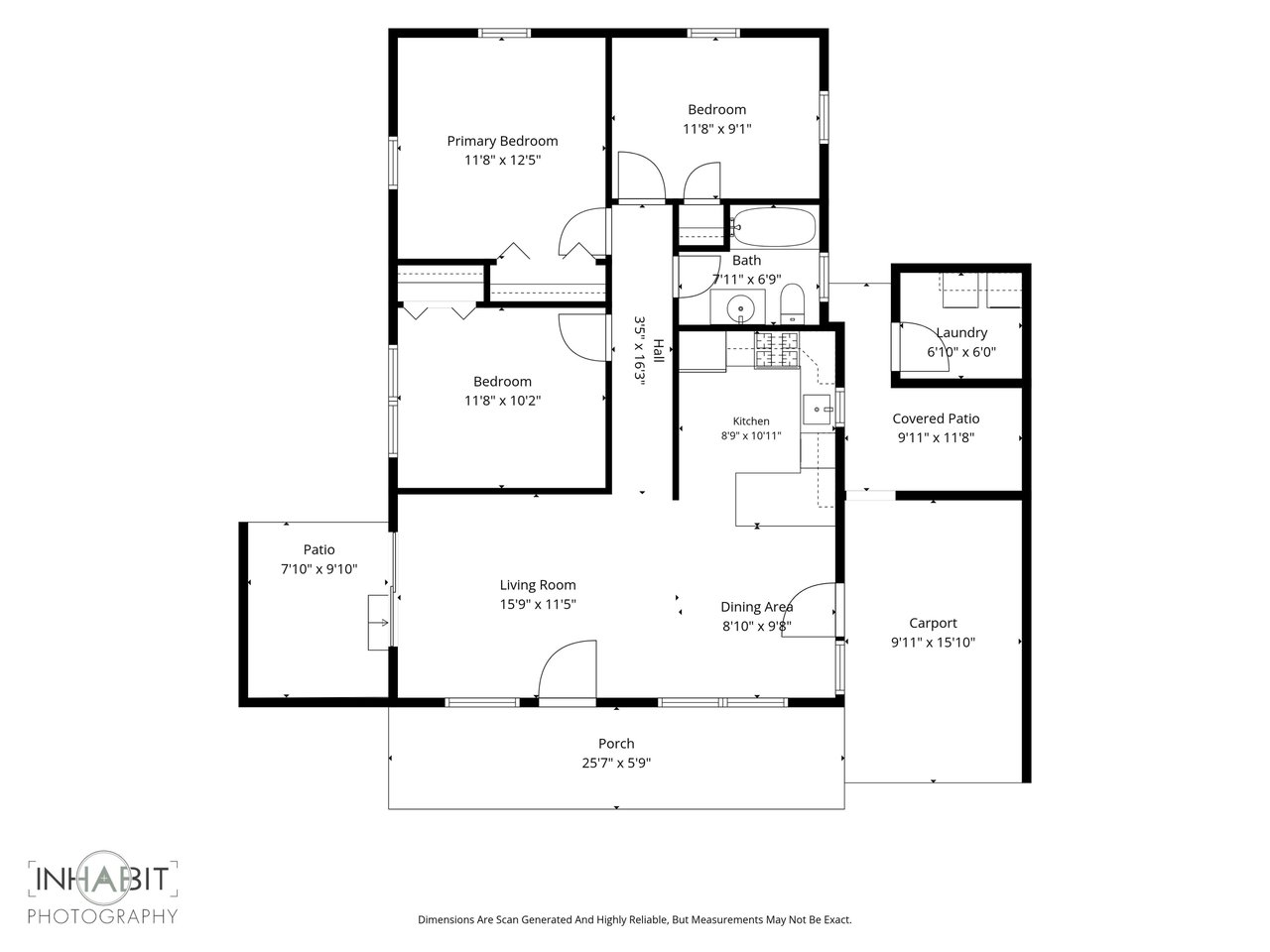 Floor plan showing three bedrooms, living and dining areas, kitchen, bath, laundry, patios, porch, and carport.