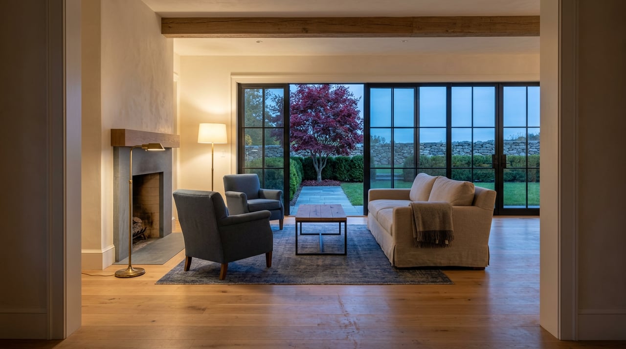 Living room with a bluestone fireplace, linen seating, and glass doors opening onto a garden with a burgundy Japanese maple.