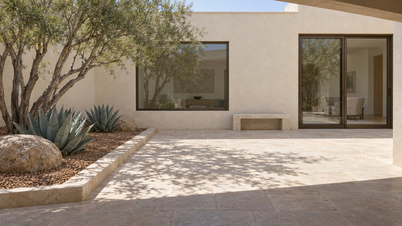 Sunlit limestone courtyard beside an ivory stucco home, with bronze-framed glazing, an ironwood tree and two sculptural agaves.