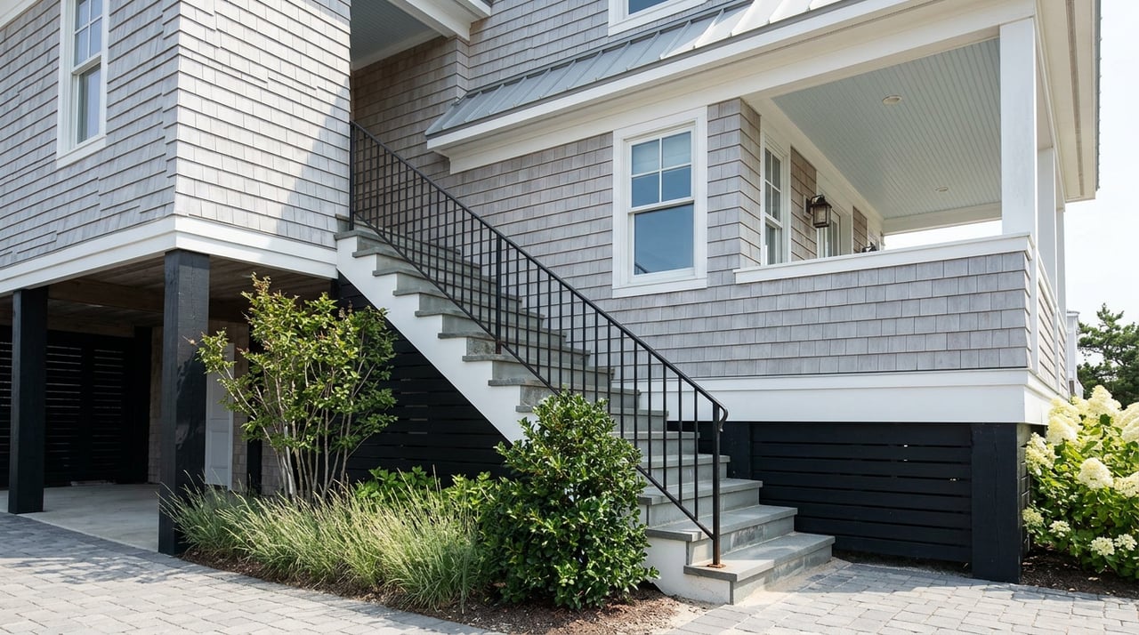 Raised entry stairs climb to a covered porch on a gray-shingled coastal home supported by black piers.