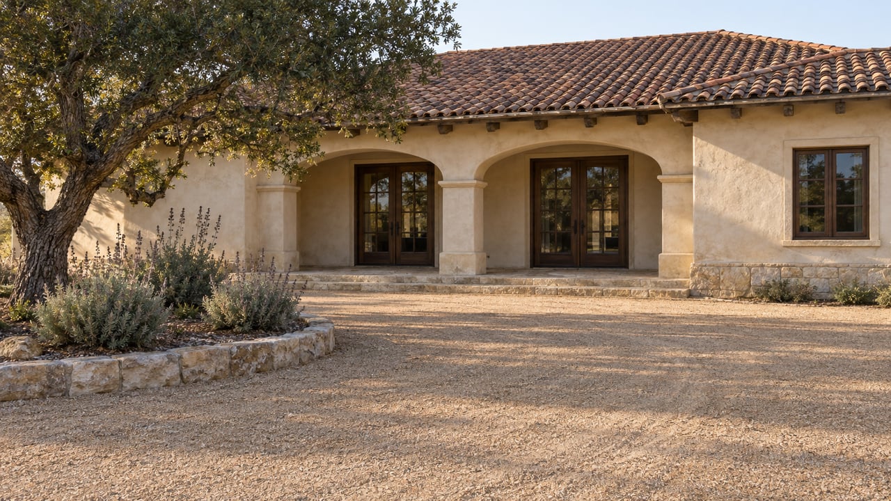 Warm stucco home with barrel-tile roof and shaded arched porch across a broad granite court, beside a mature live oak and silver-leaved sage.