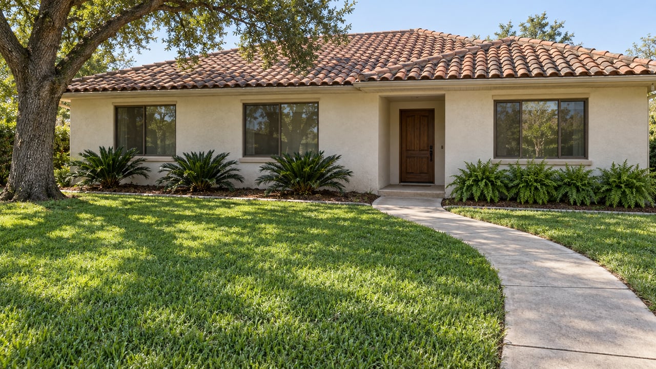 An ivory stucco home with a russet tile roof behind a deep lawn, shaded on one side by a mature live oak.