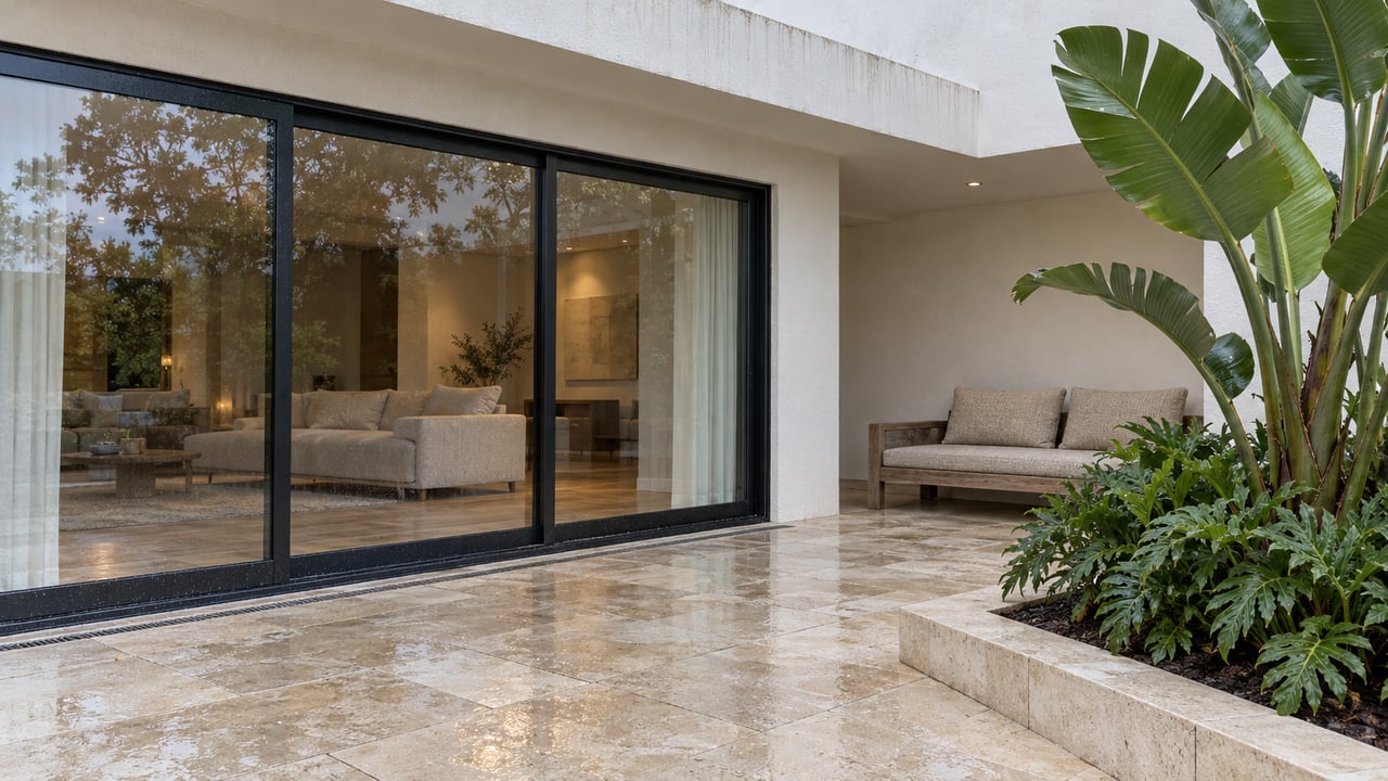 Rain-damp limestone terrace beside white stucco, closed black-framed glass doors, a teak bench and sculptural tropical foliage.