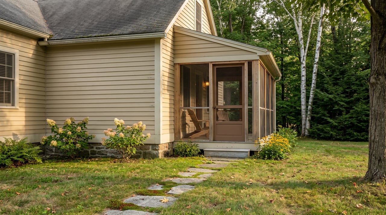 Straw-beige clapboard house with a screened porch, granite stepping stones, and late-summer hydrangeas.