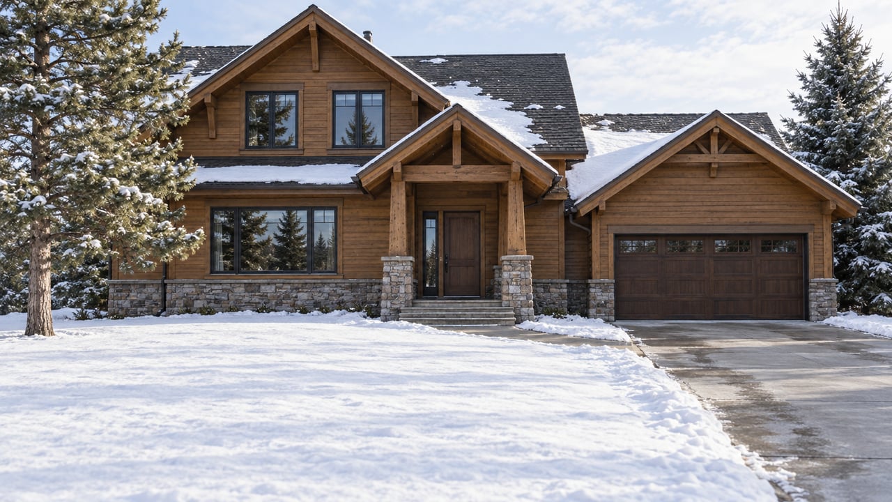 Timber-clad home with steep snowy gables, stone entry columns, and a cleared driveway beside a broad snow-covered front lawn.
