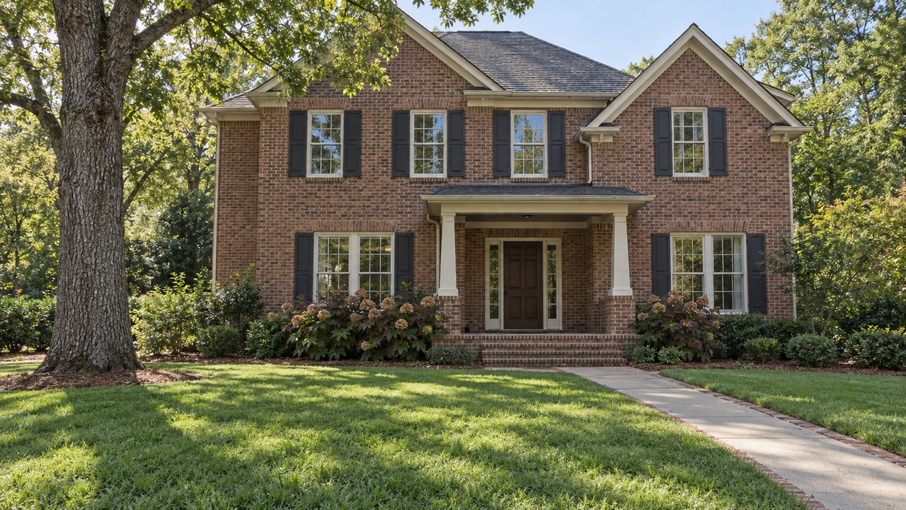 Two-story brick home behind a deep lawn, with a shaded oak, tall shuttered windows and a brick entry porch.