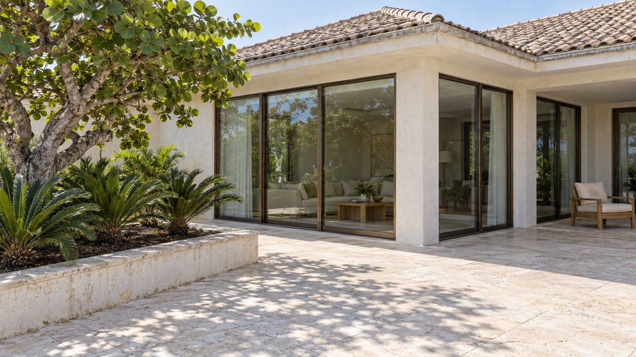 Sunlit coastal home's glazed corner and pale limestone terrace beside a mature sea grape tree in a raised planter.