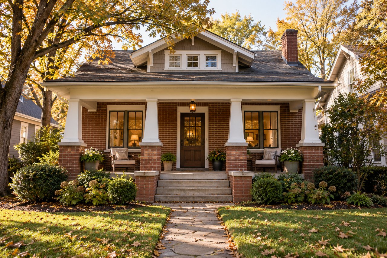 Nashville-style brick Craftsman cottage with a covered porch, tapered white columns and mature autumn trees.