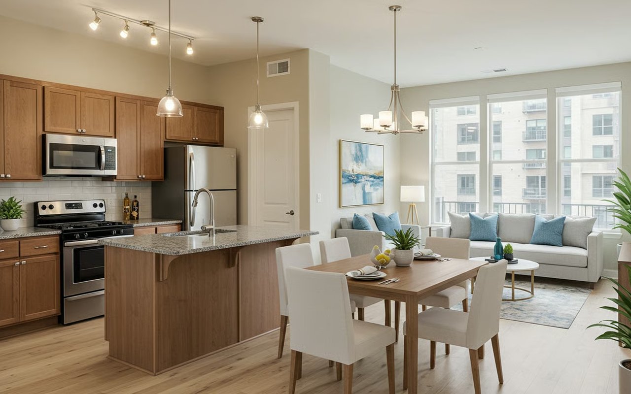 Open-plan kitchen, dining, and living area with a granite island and large windows.