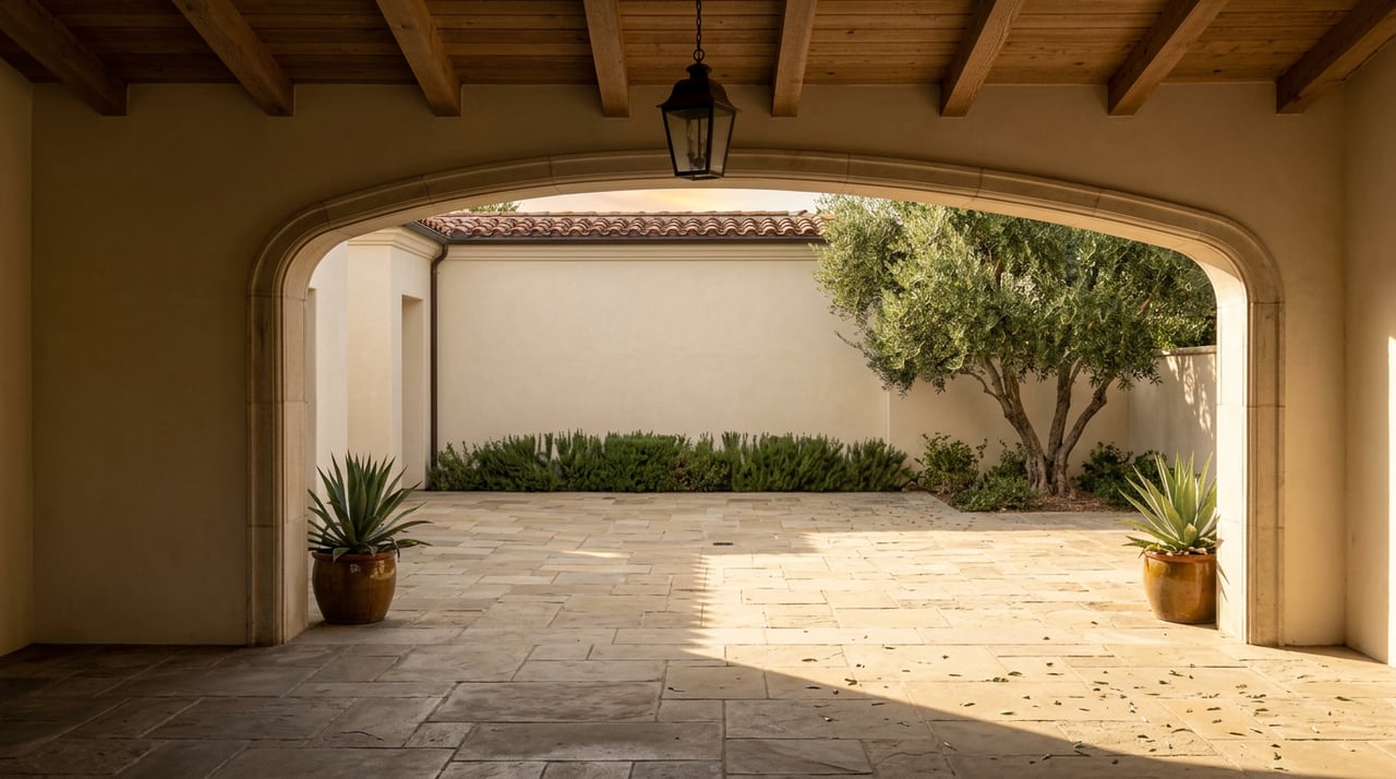 A stucco archway frames a sunlit courtyard with an olive tree and agave pots.