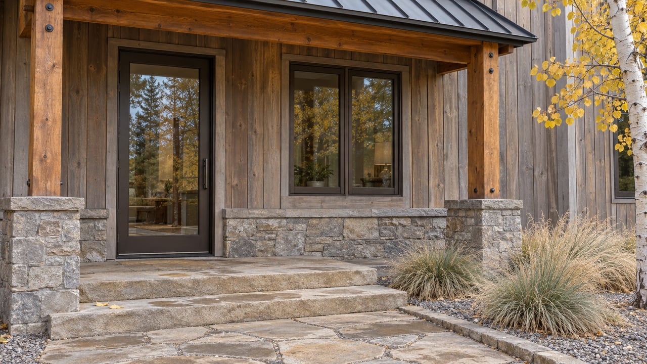 Weathered cedar home entry with a charcoal metal porch roof, stone base, sandstone steps, and yellow aspen leaves.