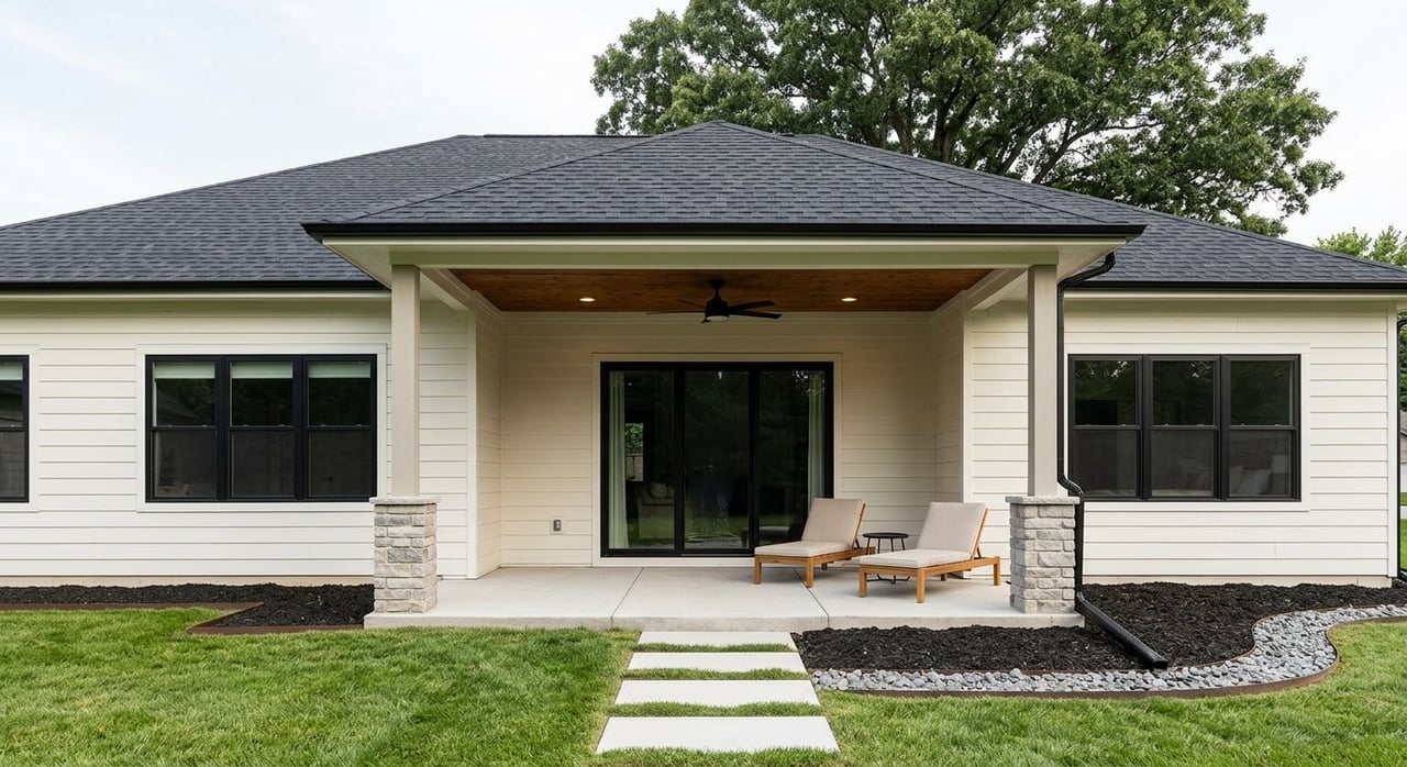 Suburban home patio with a teak dining set, sliding glass door, lawn, stepping pads, and flowering hydrangeas.