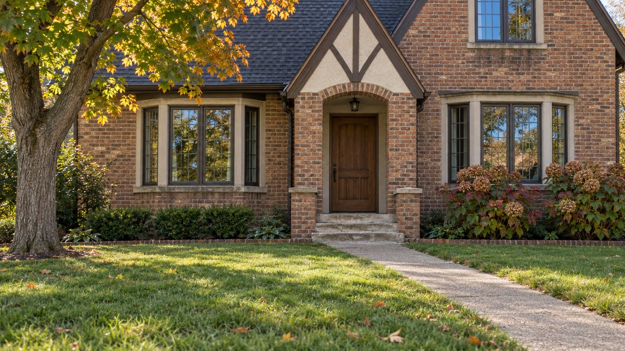 Brick house with a steep stucco entry gable, oak front door, limestone steps, and an autumn maple beside the front lawn.