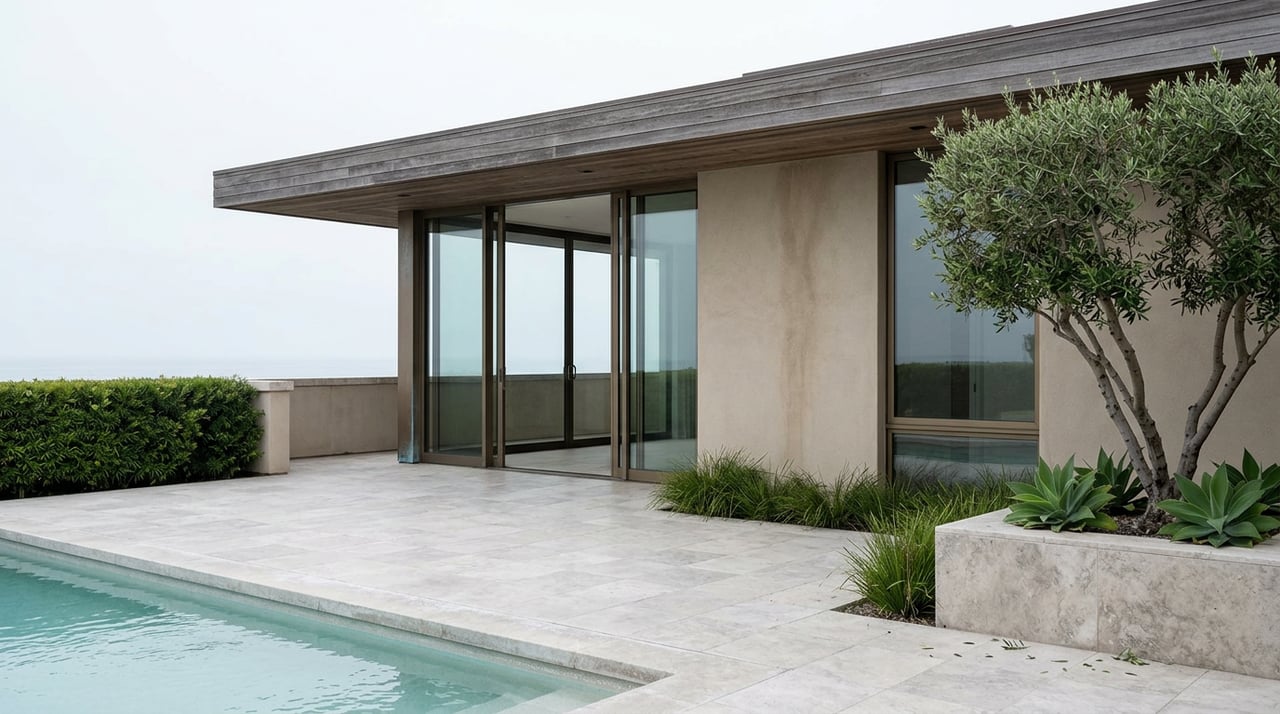 Coastal home's travertine terrace with a pale pool, bronze-framed doors, olive tree, and low parapet.
