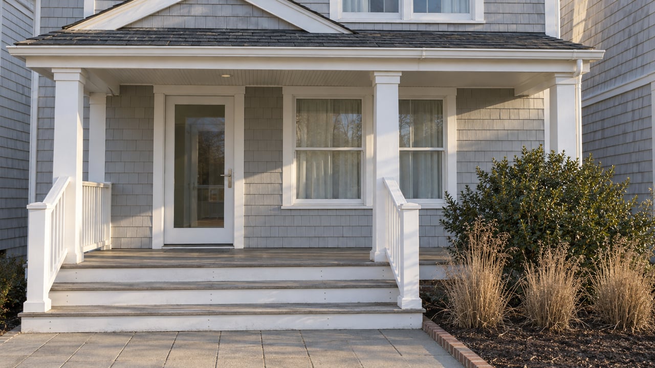 Pale gray shingle-sided townhome entry with white porch trim, weathered wooden steps, and winter planting beside a brick-edged path.
