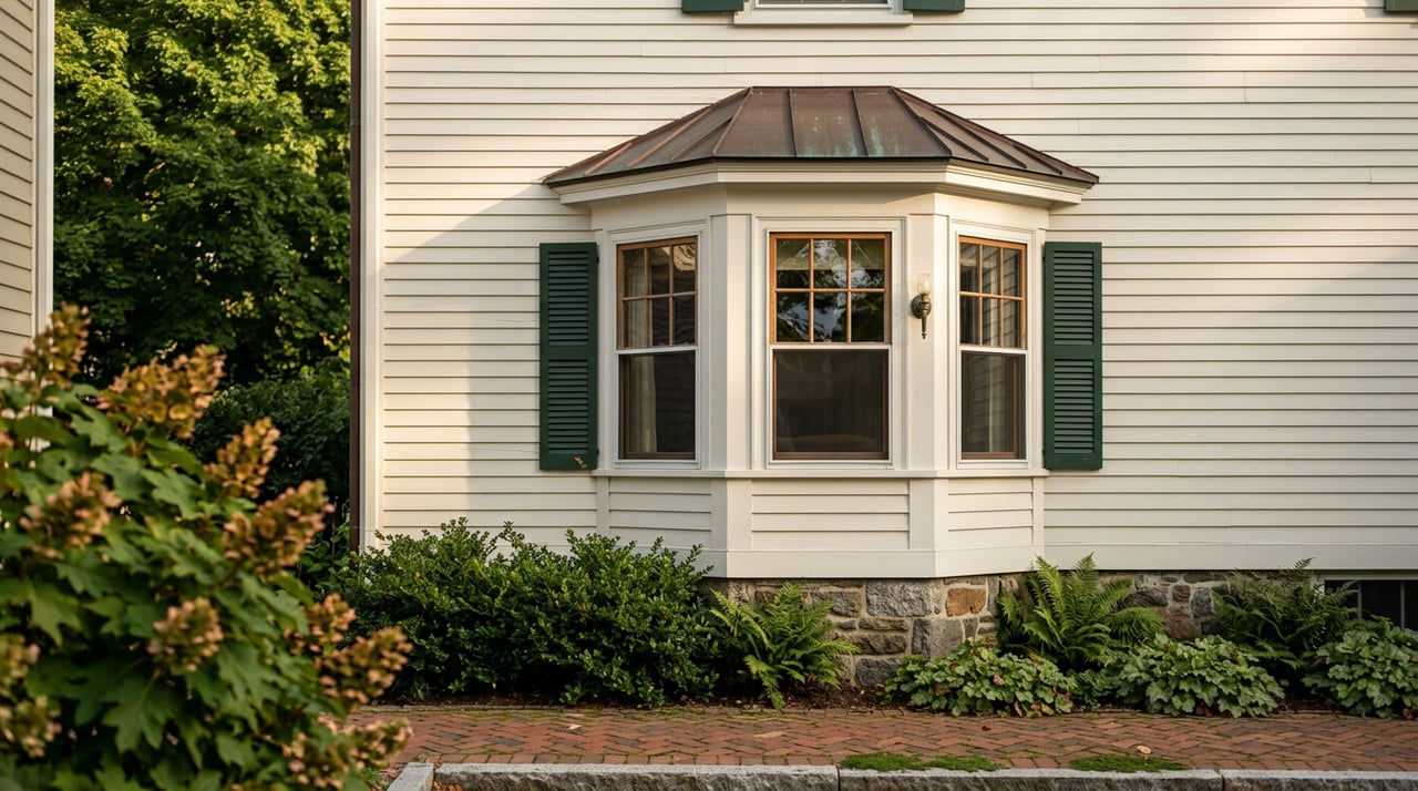 Off-white clapboard house with a three-window bay beneath a maple canopy, bordered by a brick garden path.