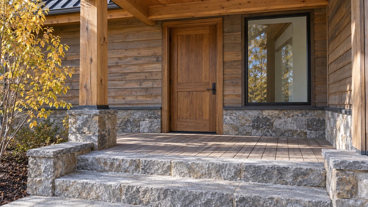 A timber-sided home's covered porch with weathered wood decking, gray stone steps and a closed wooden entry door.