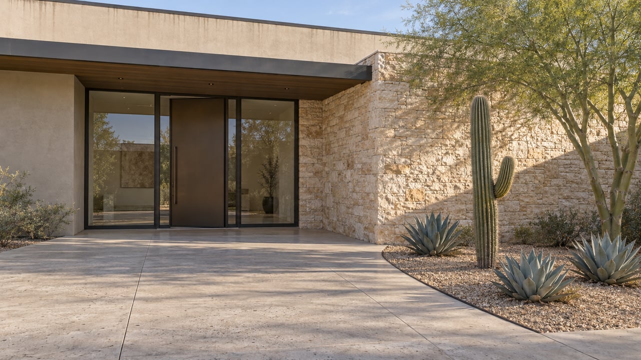 Desert-modern home's shaded bronze-framed entry beside limestone walls and sculptural cactus planting in an expansive concrete courtyard.