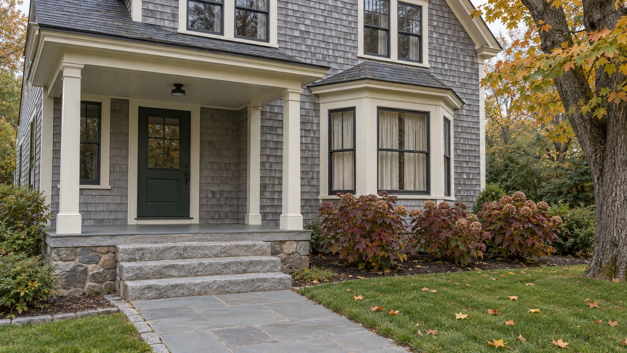 Gray shingled home with a covered porch, dark green front door, granite steps and autumn maple leaves beside a bluestone walk.