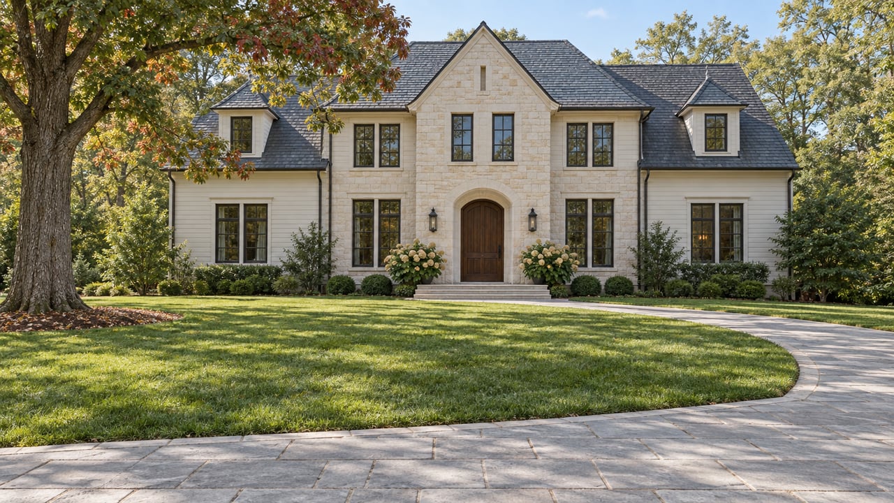 Broad lawn and limestone approach in front of a pale stone and painted-siding home with steep charcoal roofs and a mature oak.