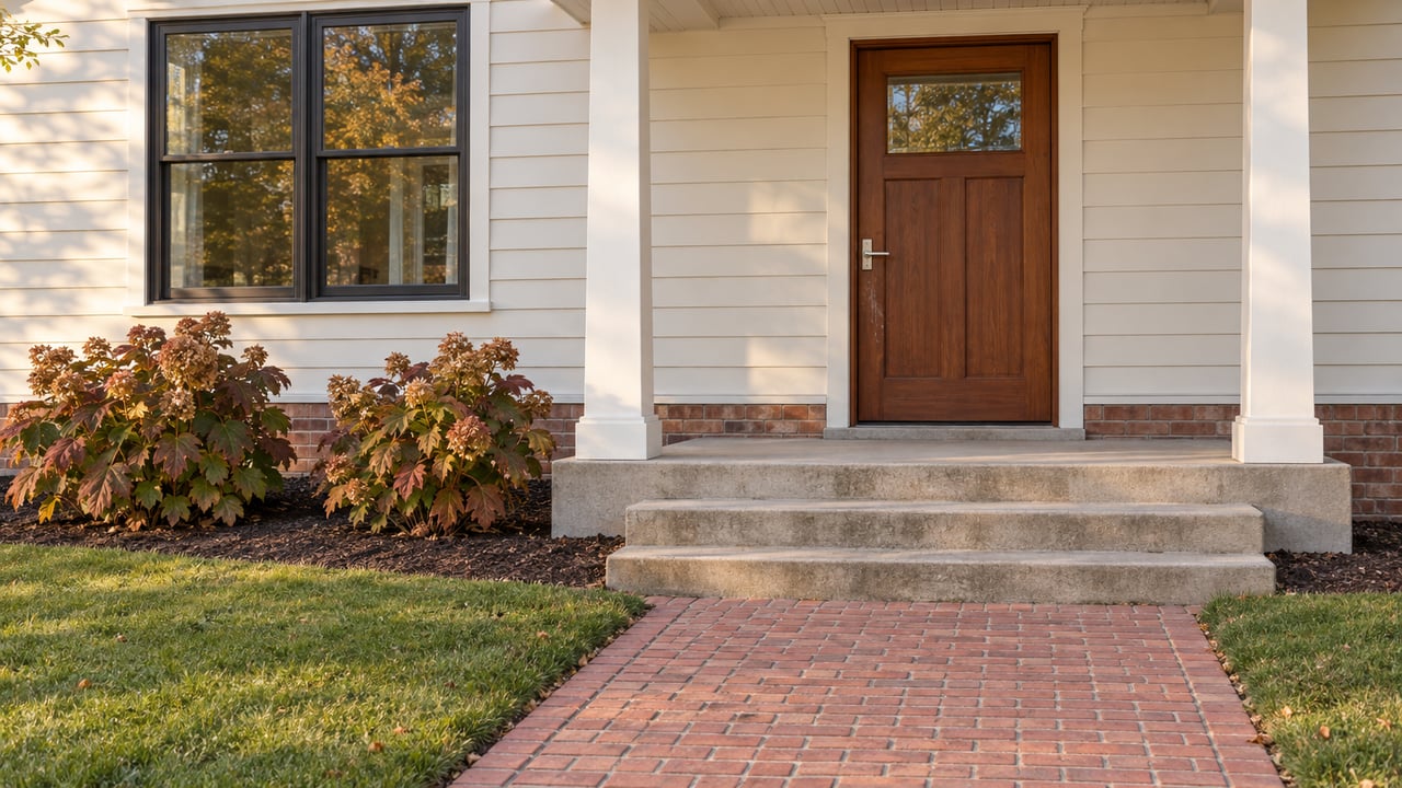 Autumn daylight on a covered home entry with a warm wood door, pale siding, brick approach and two oakleaf hydrangeas.
