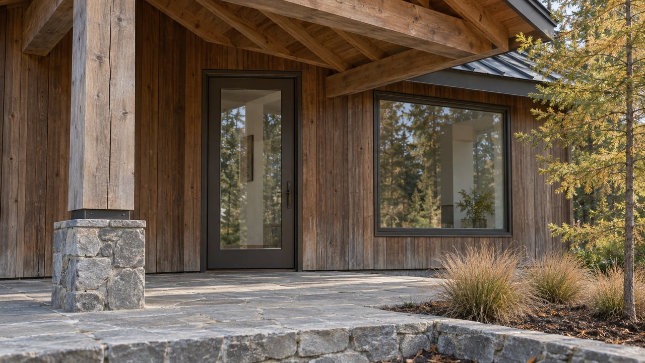Timber cabin entrance with dark framed glazing, weathered beams, gray stone terrace and a larch turning gold.