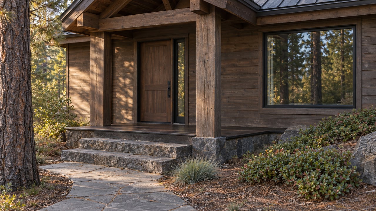 Timber home entry with a walnut-toned door, stone steps, flagstone path, and pine trunk at the edge.