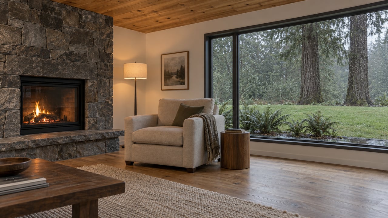 Warm cedar-ceiling living room with a basalt fireplace, linen armchair, oak floors, and rain-speckled windows overlooking a damp lawn and wooded edge.