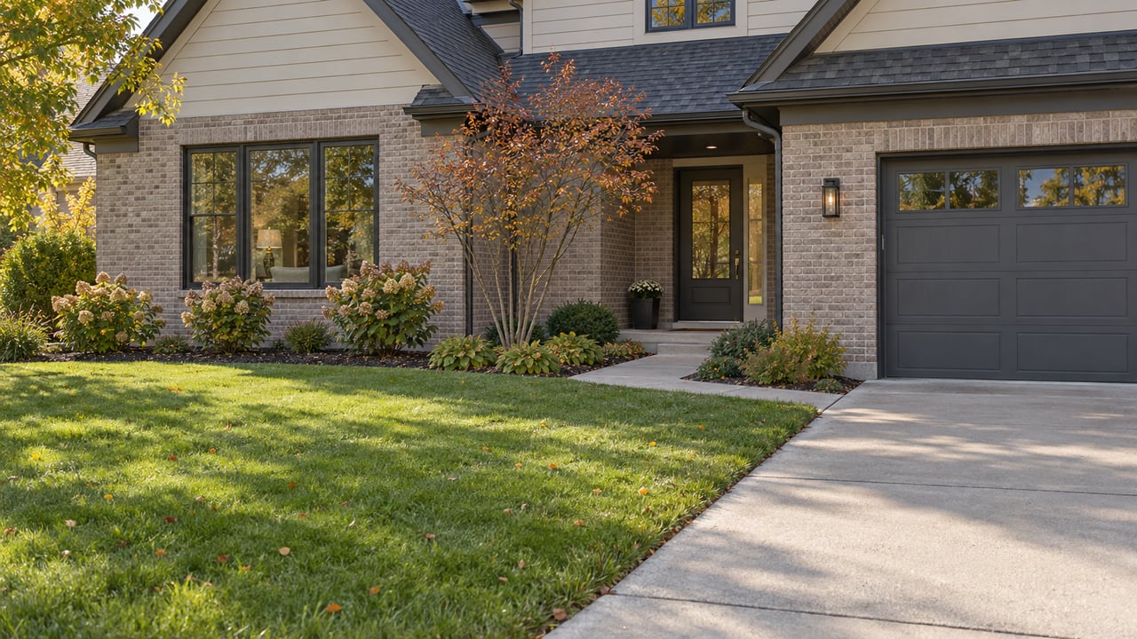 Suburban home with a recessed glazed entry, graphite garage door, and broad lawn crossed by a concrete walk.