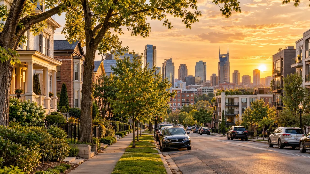 Nashville neighborhood streets and residential buildings near Music Row with the city skyline nearby.