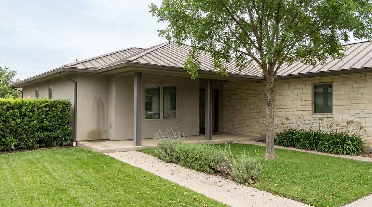 Contemporary greige stucco home with a stone entry wall, bronze metal roof, lawn, and concrete walkway.
