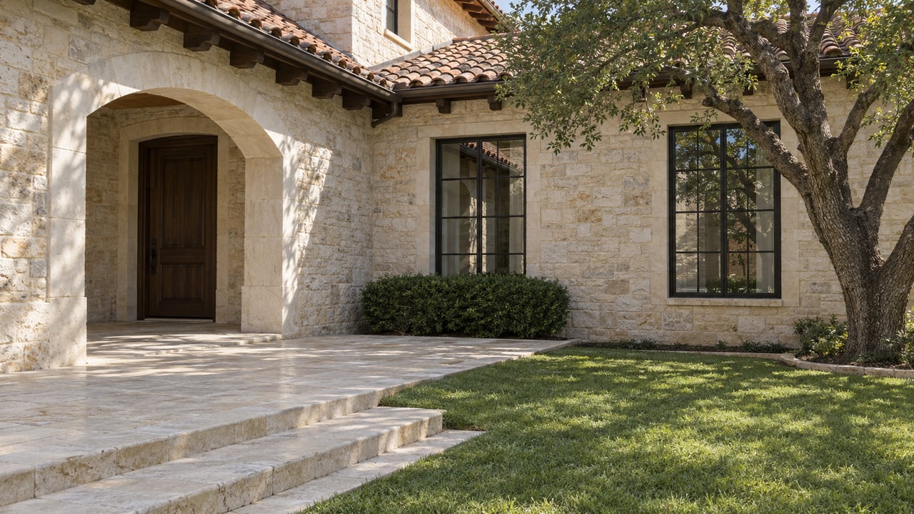 Limestone estate entry court with a shaded arched doorway, clay tile roofs, dark-framed windows and an oak beside a small lawn.