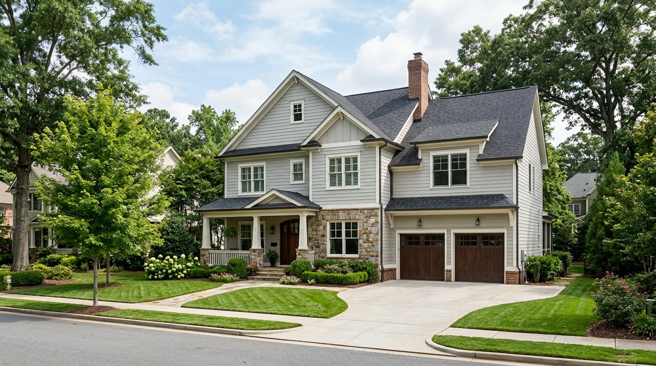 Two-story colonial house with a steep gable, centered dormer and columned portico, framed by mature trees.