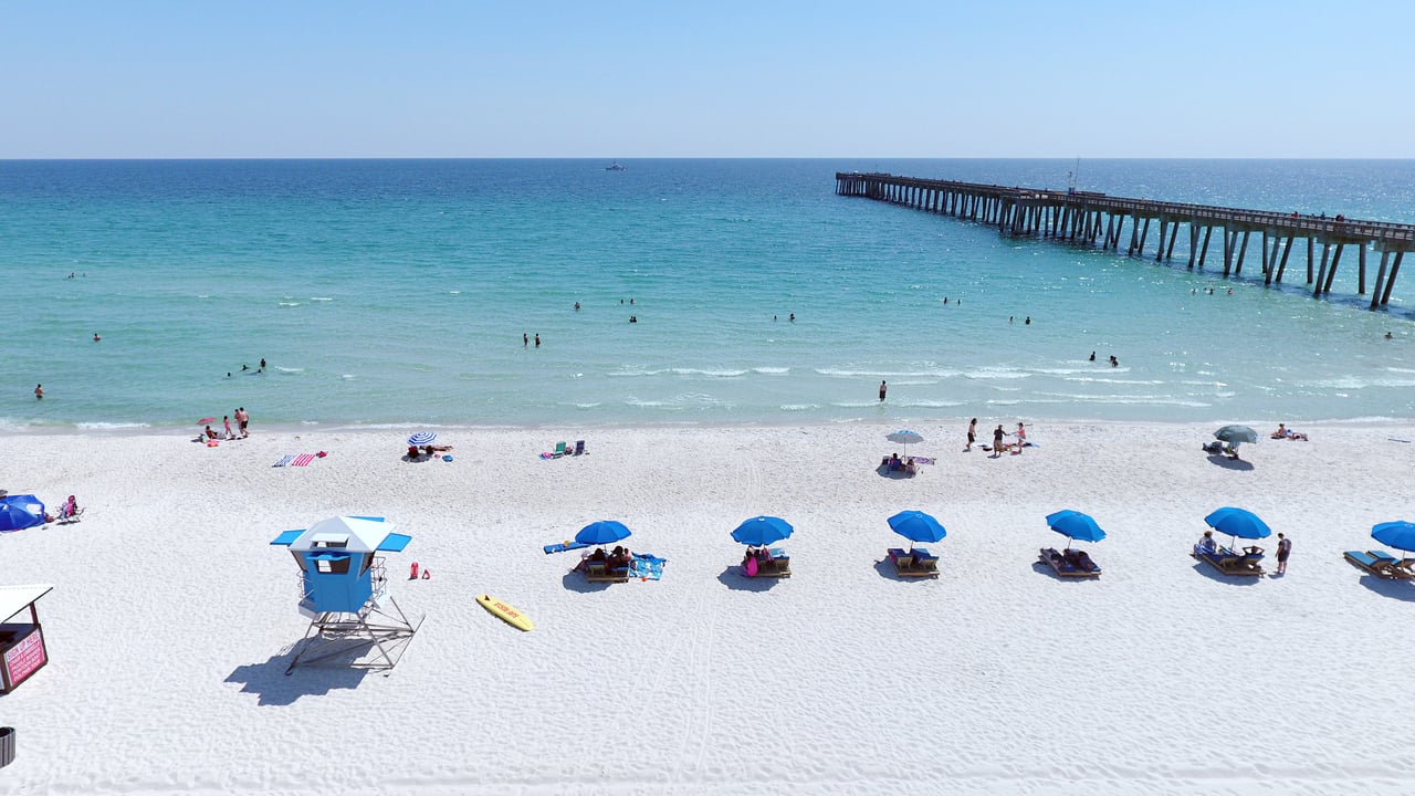 MB Miller County Pier and white sand beach in Panama City Beach Florida