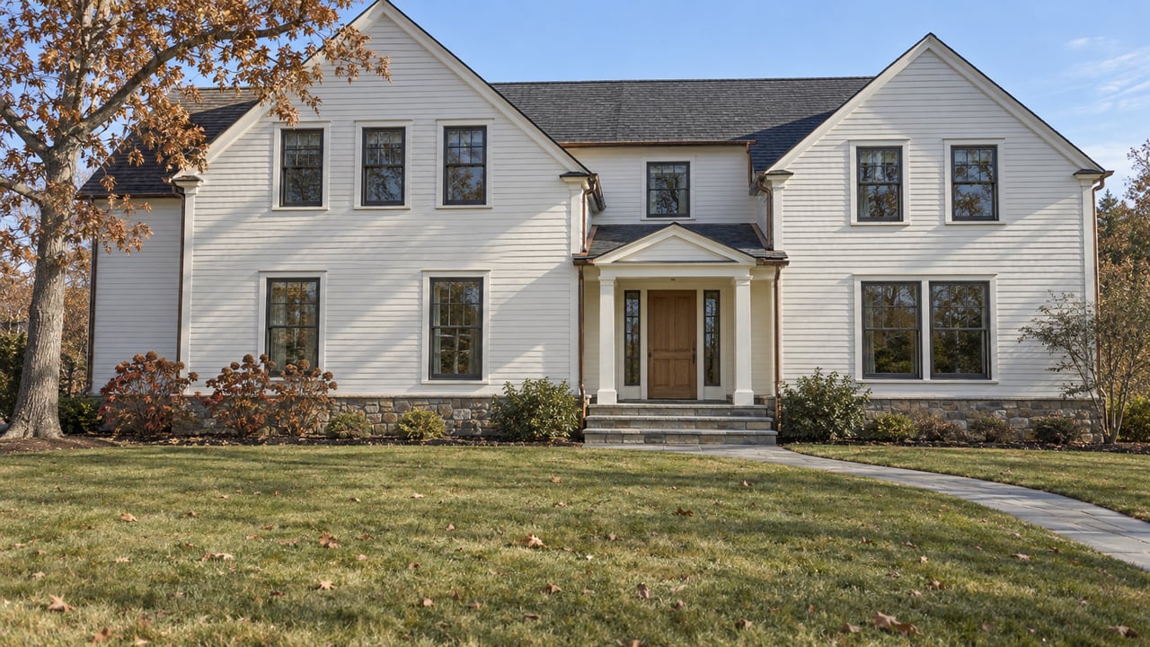 Large white gabled home beyond a deep autumn lawn, with fieldstone foundations, a bluestone entry walk, and a mature red oak.