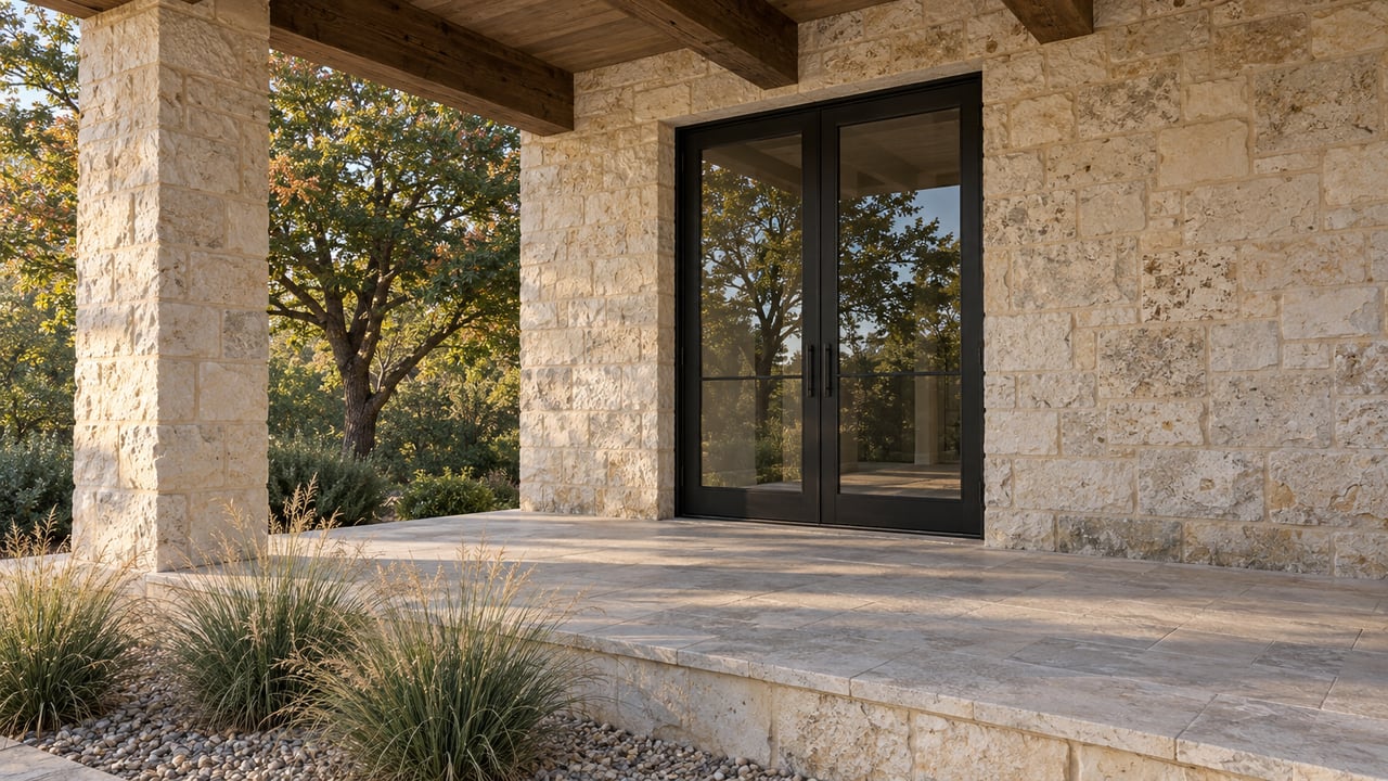 Limestone porch with heavy timber beams, closed steel-framed double doors and a mostly green maple beside ornamental grasses.