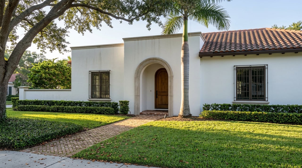 White stucco home with a tile roof, arched entry, royal palm, and brick walkway beneath a spreading live oak.