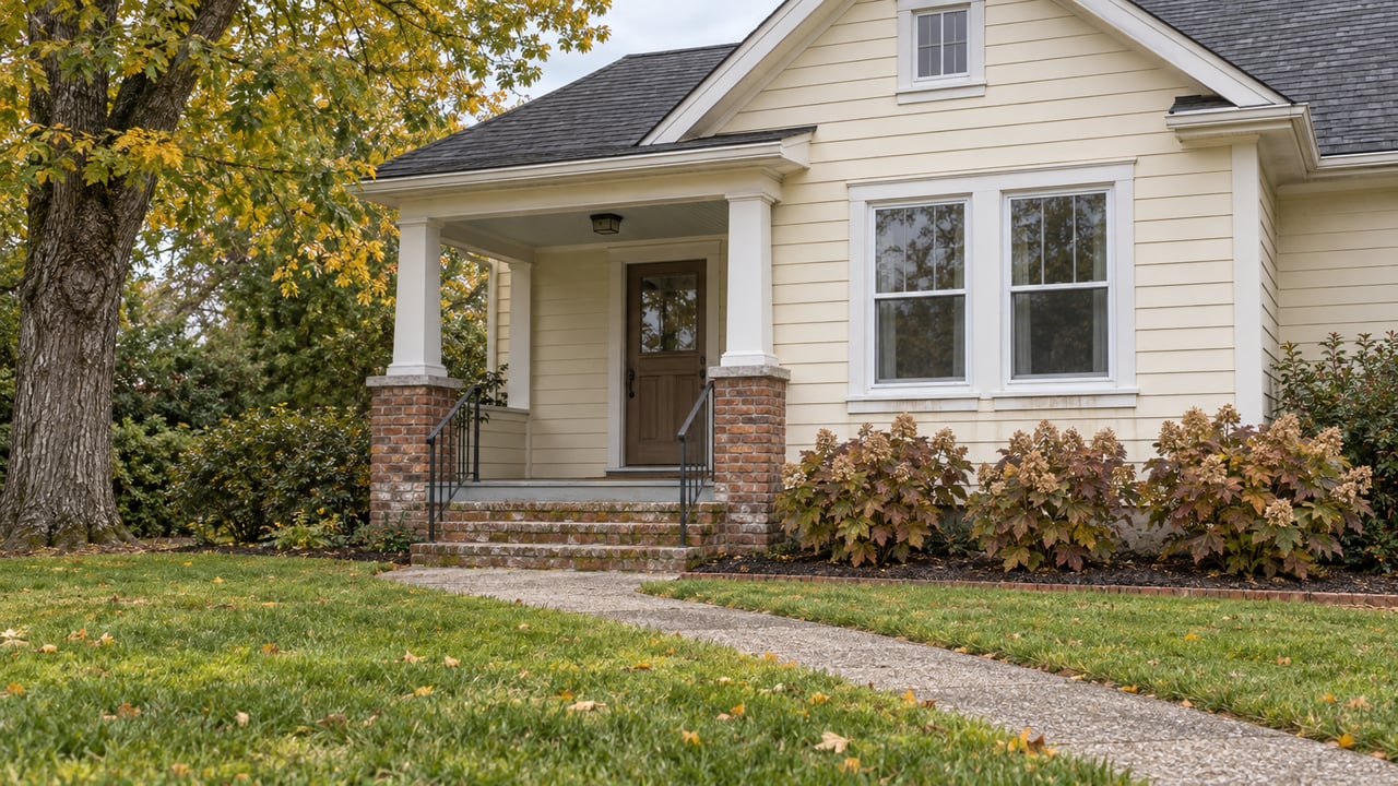 Cream-sided traditional home with a raised brick porch, autumn sugar maple and a deep front lawn.