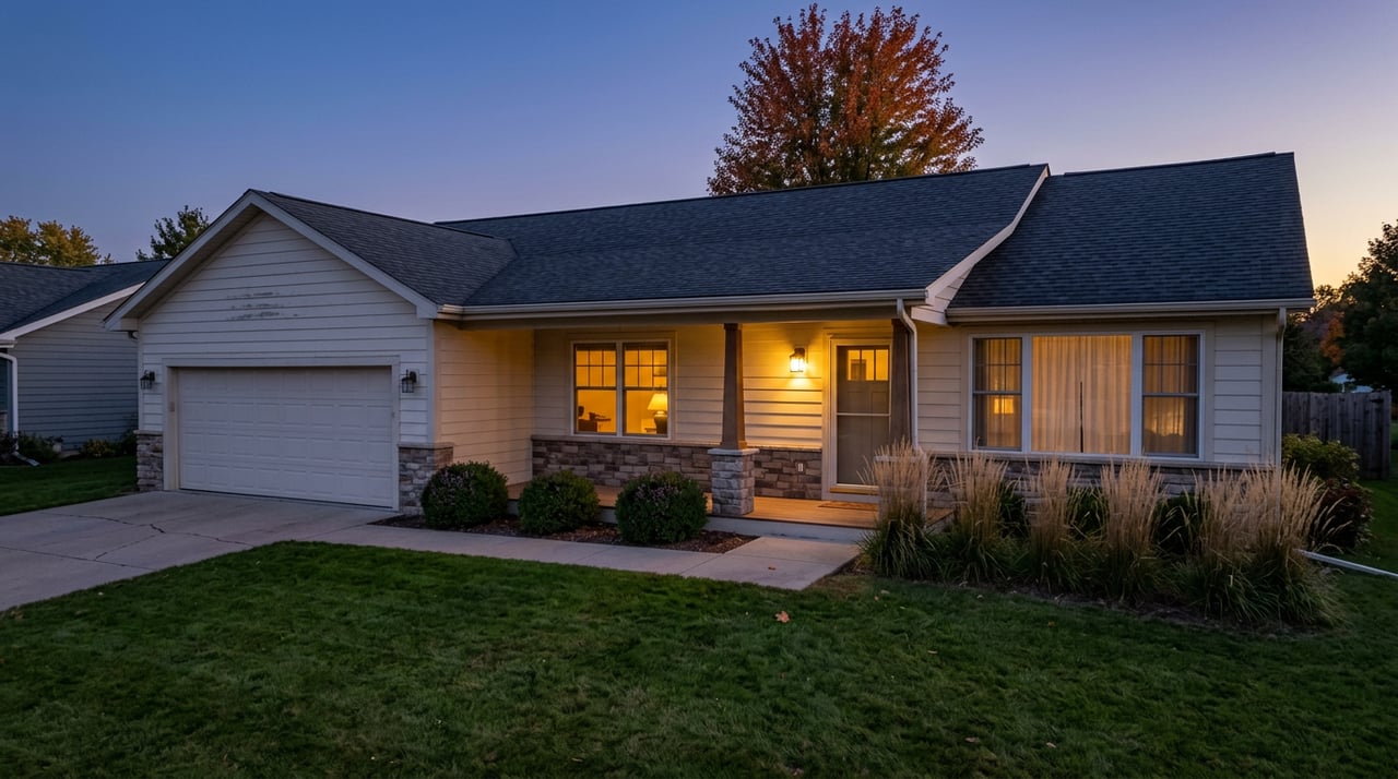 Cream ranch house with a red-orange maple, warmly lit porch, and glowing windows at dusk.