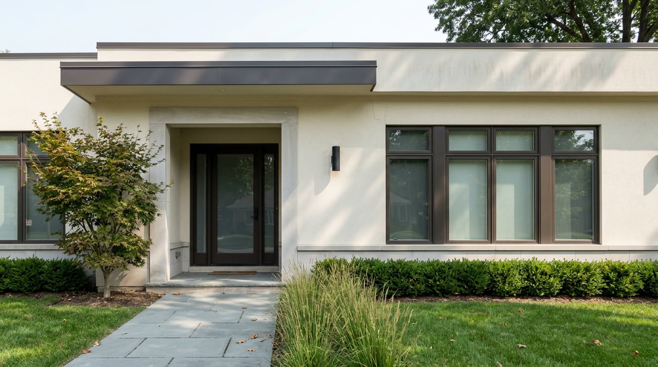 Warm-white stucco home with a limestone entry portico, bluestone walk, and Japanese maple beside the entrance.