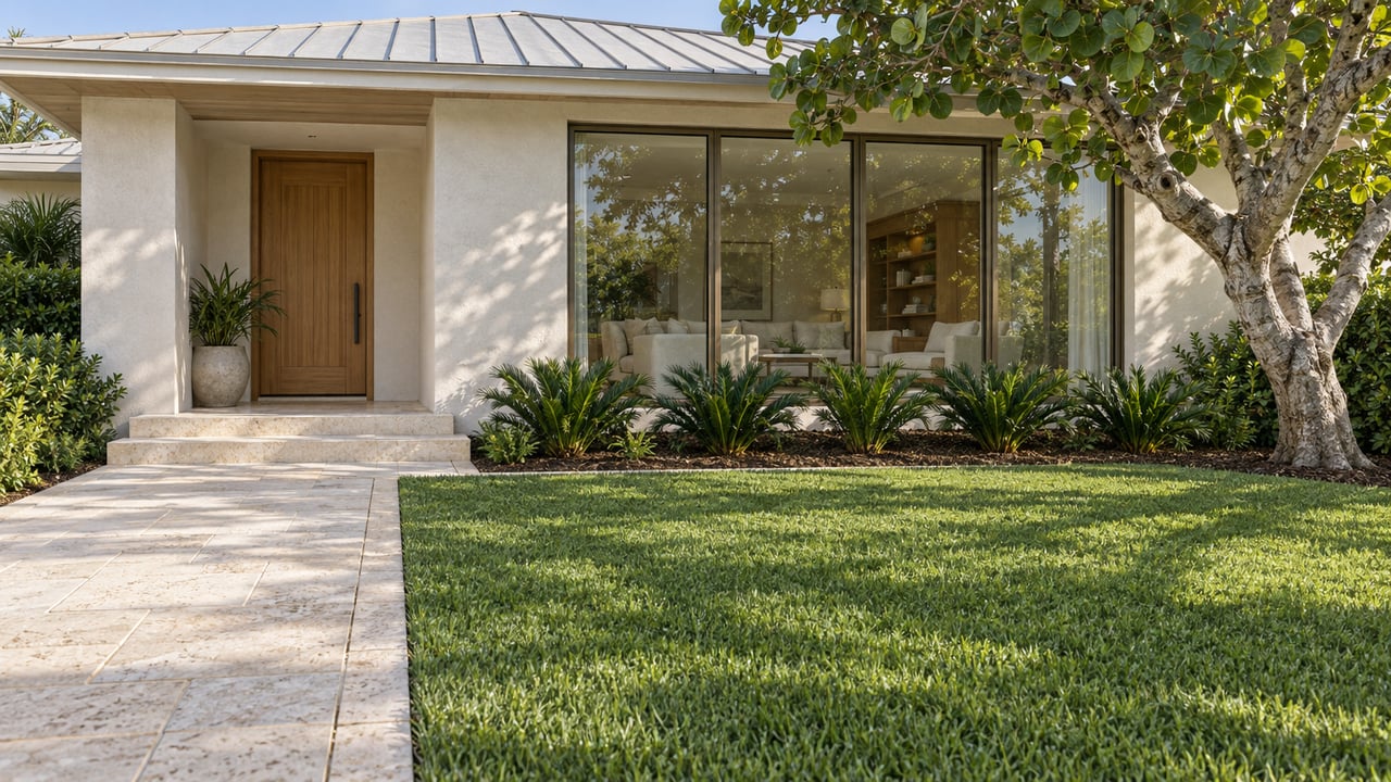 Sunlit ivory-stucco home with a limestone approach, deep lawn, bronze-framed windows and a sculptural sea grape tree.