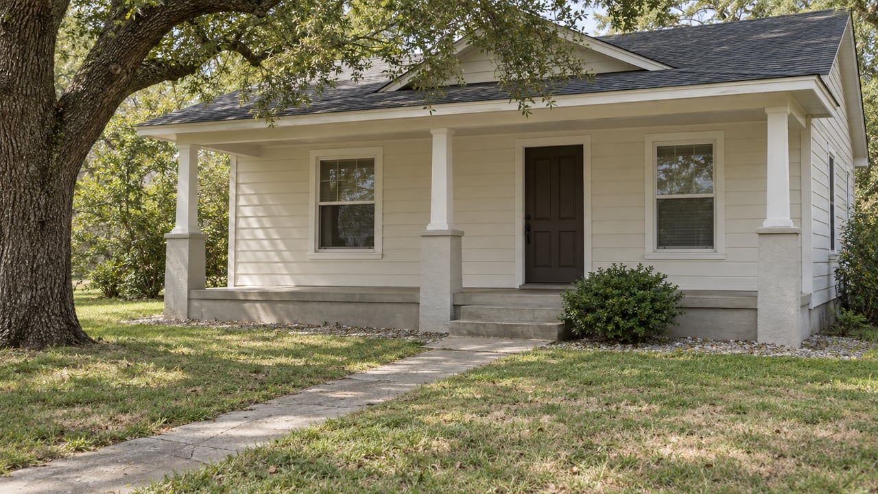 Off-white single-story cottage with a covered porch, dark front door, cracked concrete walk, and mature oak beside the lawn.