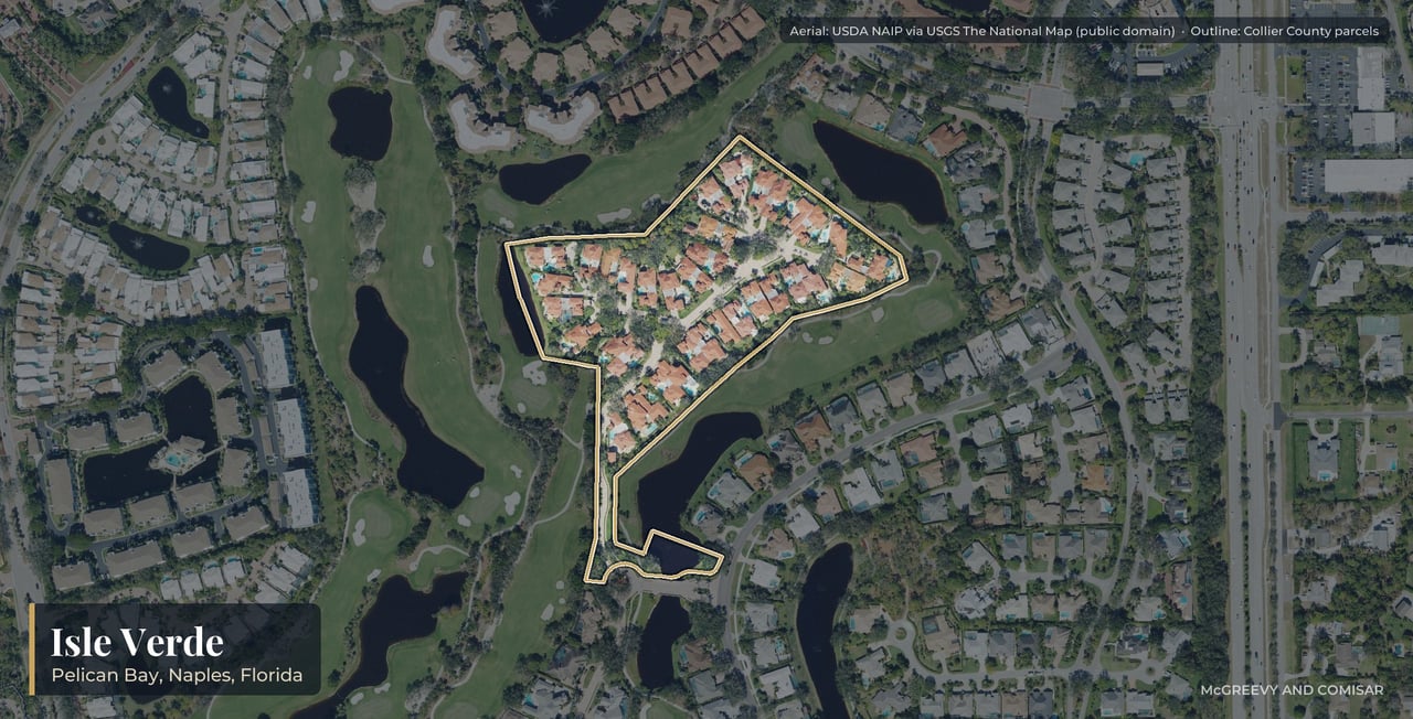 Aerial view of Isle Verde at Pelican Bay, Naples, Florida, with its parcels outlined