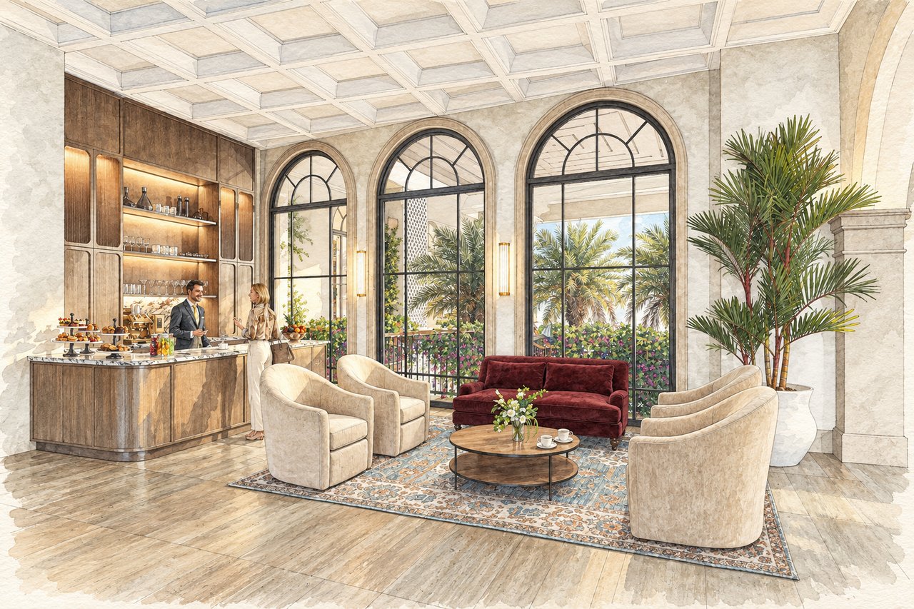 Residential lounge with arched windows, a marble counter, cream armchairs, and a burgundy sofa.