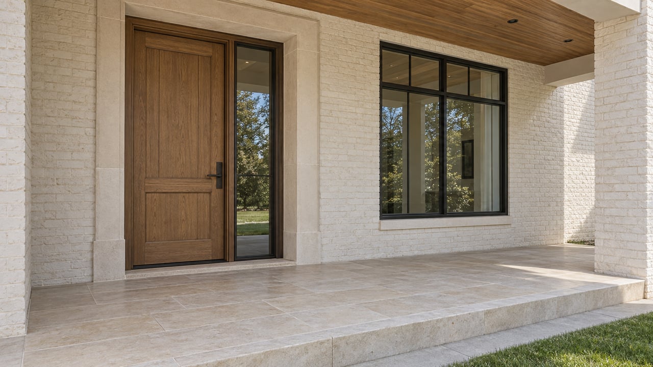 Close view of a covered home entry with an oak door, pale limestone surround, painted brick and dark-framed window above stone paving.