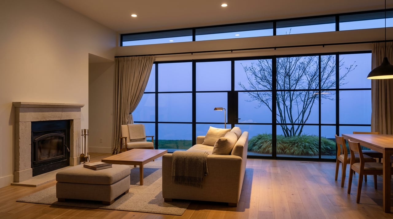 Open-concept living room with linen sofa, limestone fireplace, and black-framed windows glowing blue at dusk.